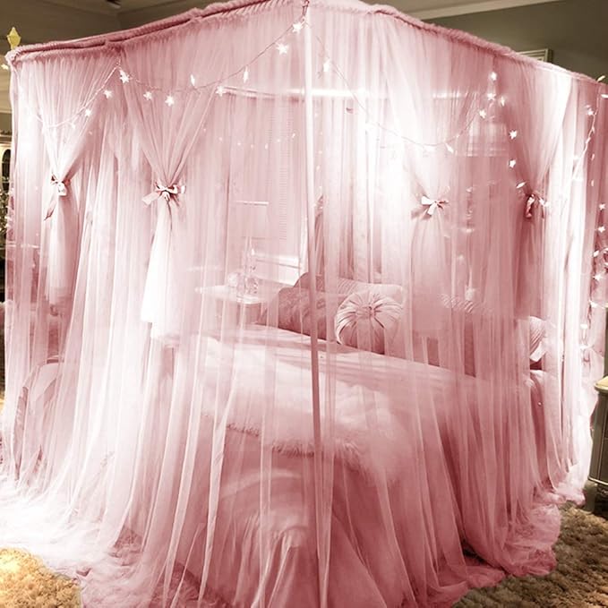 Joyreap 4 Corners Post Pink Canopy Bed Curtain for Girls & Adults - Twin Size Royal Luxurious Cozy Drape Netting- Cute Princess Bedroom Decoration Accessories