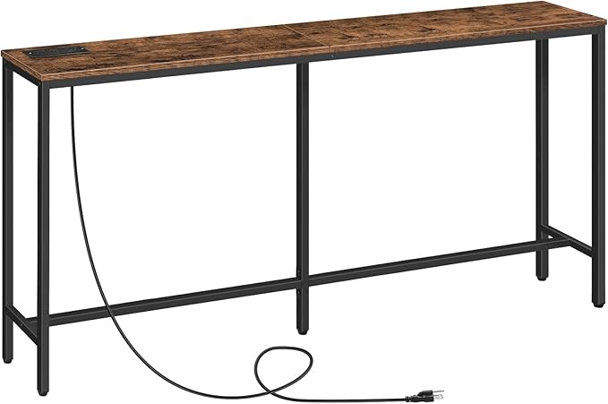 63" Console Table with Power Outlet, Narrow Sofa Industrial Entryway Behind Couch Table with USB Ports for Entryway, Hallway, Foyer, Living Room, Bedroom, Rustic Brown CTHR16E01Z