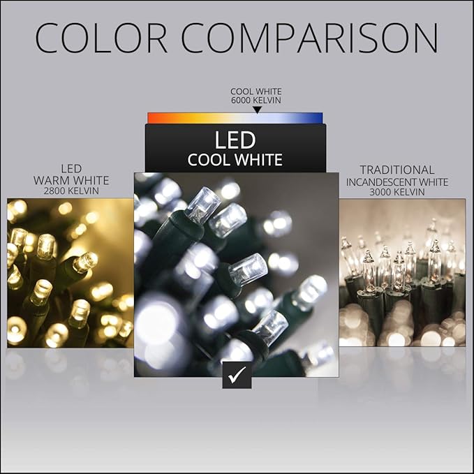 50 Count LED Cool White Christmas Lights, 25 ft Green Wire Indoor/Outdoor Commercial Grade Wide Angle Mini String, 6" Spacing, 5mm Bulbs