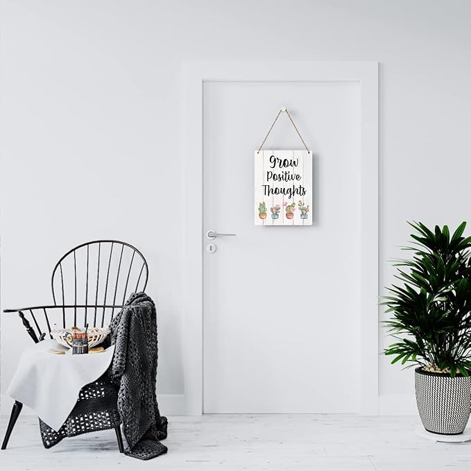 Rustic Grow Positive Thoughts Wood Hanging Sign, Farmhouse Summer Artwork Decor, Cactus and Succulent Wooden Plaque Sign Wall Art Decor Signs Home Decoration 8 x 10 Inches
