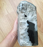 AMOYSTONE Geode Bookends Heavy Duty AgateStone Bookend Decorative Large Crystal Quartz Book Natural Black with Rubber Bumpers(1 Pair, 6-8 LBS)