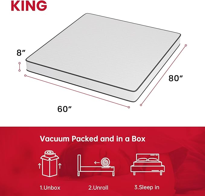 PayLessHere | 8 Inch King Mattress | Medium Firm Hybrid Mattress | White | with High-Density Foam and Breathable Cover | Pocket Spring Design, Pressure Relief | Bed in a Box, CertiPUR-US Certified