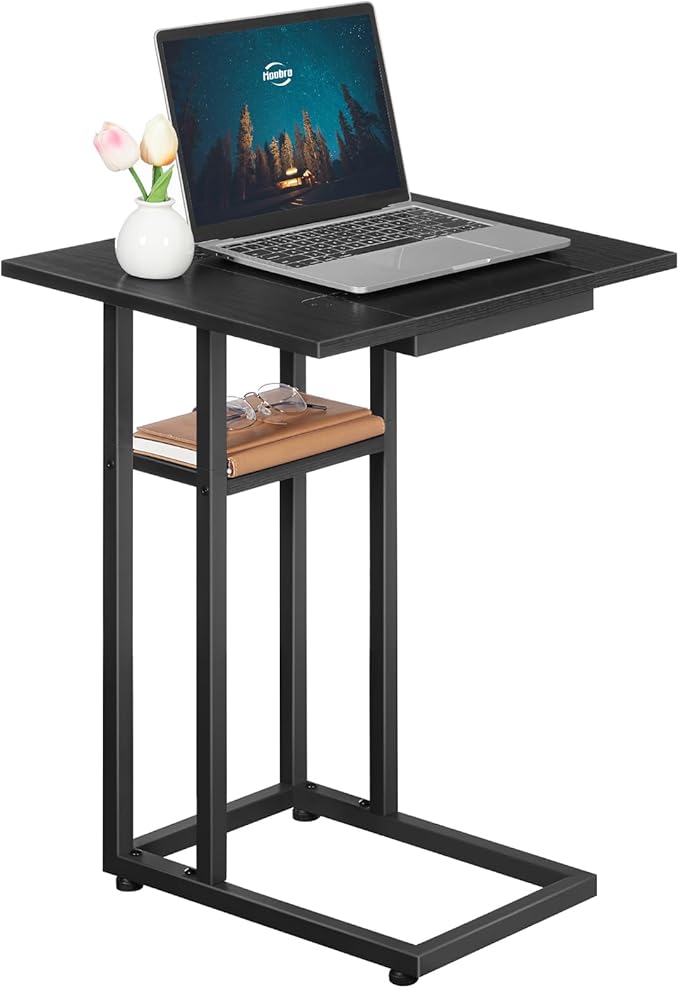HOOBRO Foldable End Table, C Shaped Side Table with Storage Shelf, Small Snack Table Suitable for Living Room Bedroom Small Spaces, Easy Assembly, Black BK29SF01