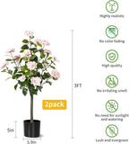 Artificial Camellia Tree 2 Pack, Artificial Plants Outdoor Faux Floral Plant in Cement Pot Fake Silk Camellia Tree Plants for Home House Living Room Office Decor