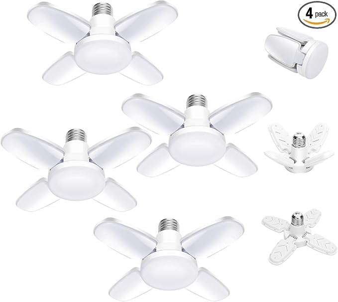 4Pack LED Garage Light Bulb,Mini 50W LED Garage Ceiling Lights 4 Adjustable Panels,5000Lumen Garage LED Light Bulb,E26 6500K Daylight LED Shop Lights for Garage,Kitchen,Indoor,Attic Light