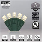 5mm LED Wide Angle Warm White Prelamped Light Set, Green Wire - 70 5mm Warm White LED Christmas Lights, 4" Spacing