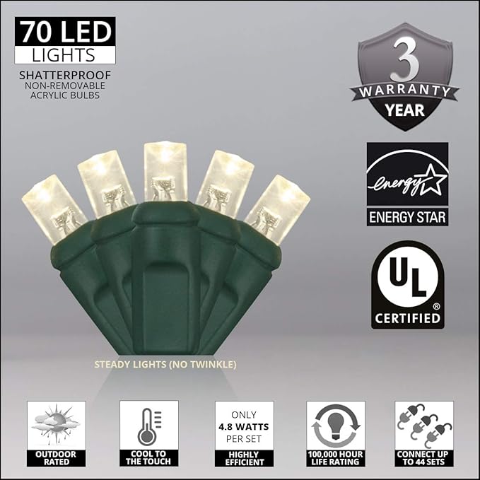 5mm LED Wide Angle Warm White Prelamped Light Set, Green Wire - 70 5mm Warm White LED Christmas Lights, 4" Spacing