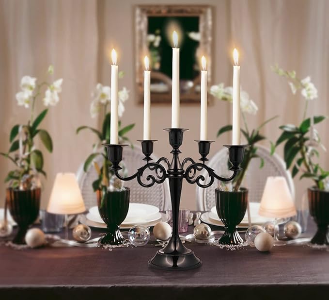 5-Candle Metal Candelabra 10.2 Inch Tall Candlestick Candle Holders for Home Decor Wedding Christmas Church Halloween Party, Black