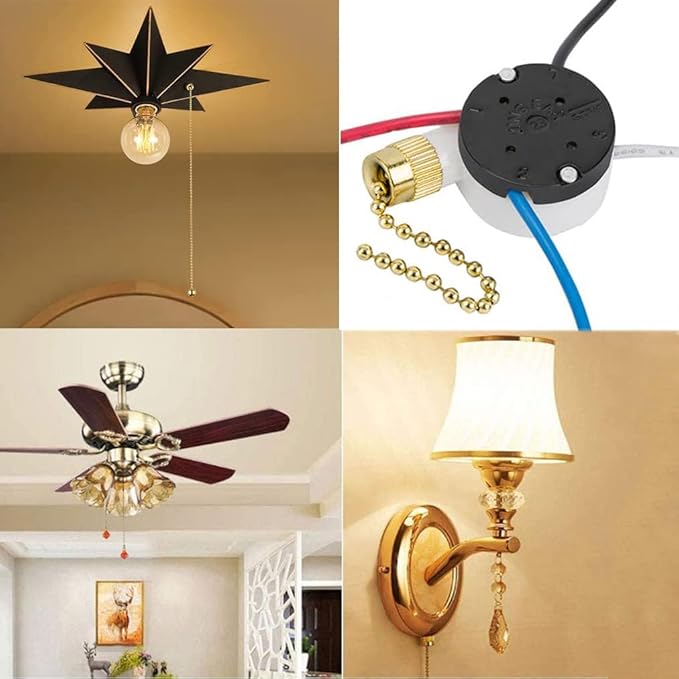2PS Ceiling Fan Switch Zing Ear ZE-208s E89885 3 Speed 4 Wire Pull Chain Switch Fan Light Switches Replacement Part with 4 Pre-Installed Wires(Brass Chain)