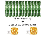 KASZOO 24Pack / Each 82 inch, Artificial Ivy Garland Fake Plants with 160 LED String Light, Green for Wedding Party Garden Outdoor Greenery Wall Decoration
