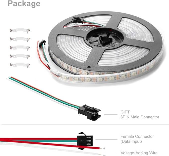 BTF-LIGHTING WS2812B IC RGB 5050SMD Pure Gold Individual Addressable LED Strip 16.4FT 300LED 60Pixel/m Flexible Full Color IP67 DC5V for DIY Chasing Color Project(No Adapter or Controller)