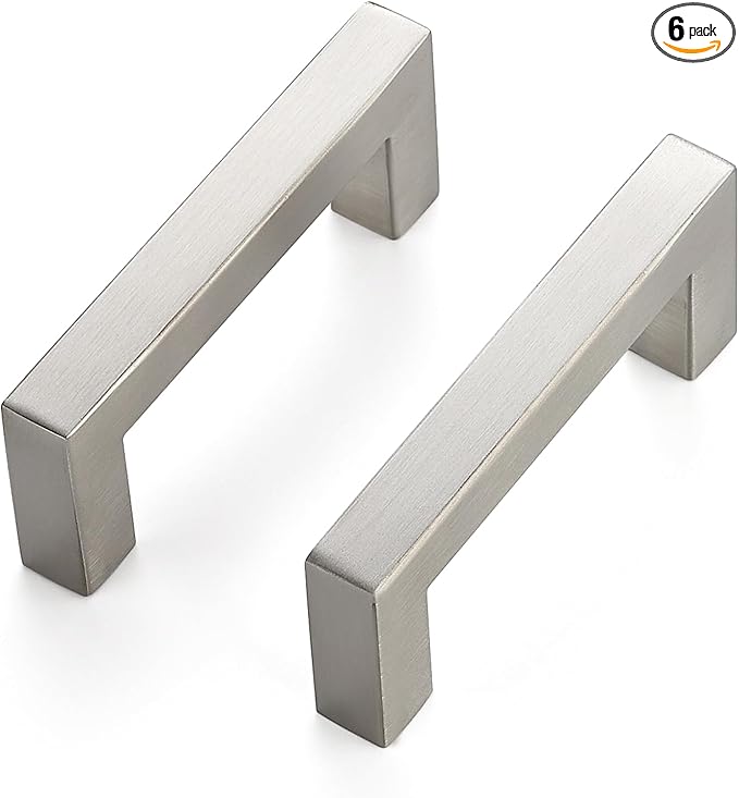 JOY DECOR 6 Pack Cabinet Handles, Brushed Nickel Cabinet Pulls, 3 Inch Kitchen Closet Handles Square Drawer Pulls Stainless Steel Drawer Hardware, 76mm Hole Centers
