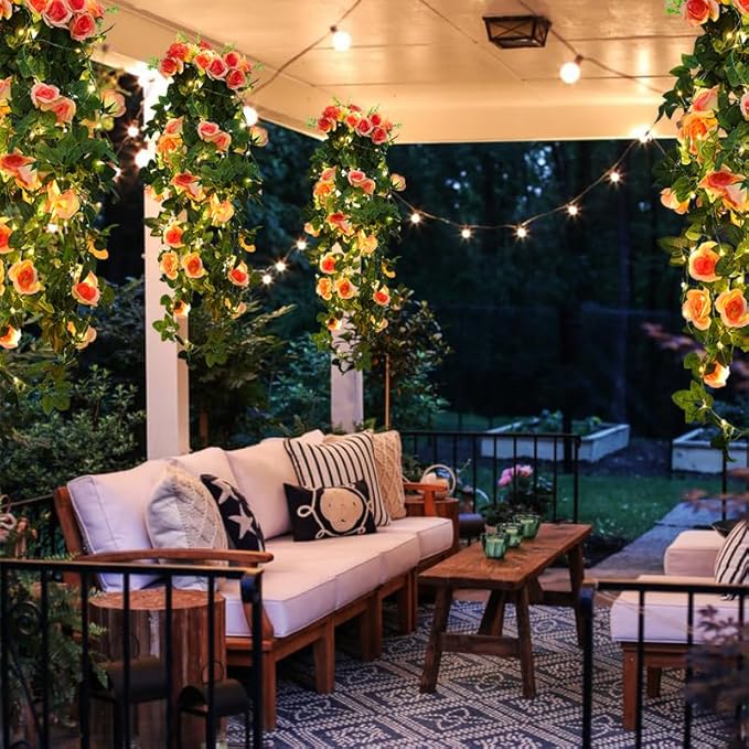RECUTMS 4pcs Hanging Rose Flower Artificial Plants 32-in Fake Ivy Vine with 30 LED Fairy String Lights Outdoor UV Resistant Plastic Roses for Home Room Wedding Decor (Champagne)