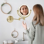 8" Make up Mirror Wall Mounted Lighted 10X Magnifying Hard Wired, Double Sides 3 Color Lighting Touch Dimming, 360 Swivel Extended Arm Shaving Light up Mirror for Bathroom, Brushed Moderne Brass