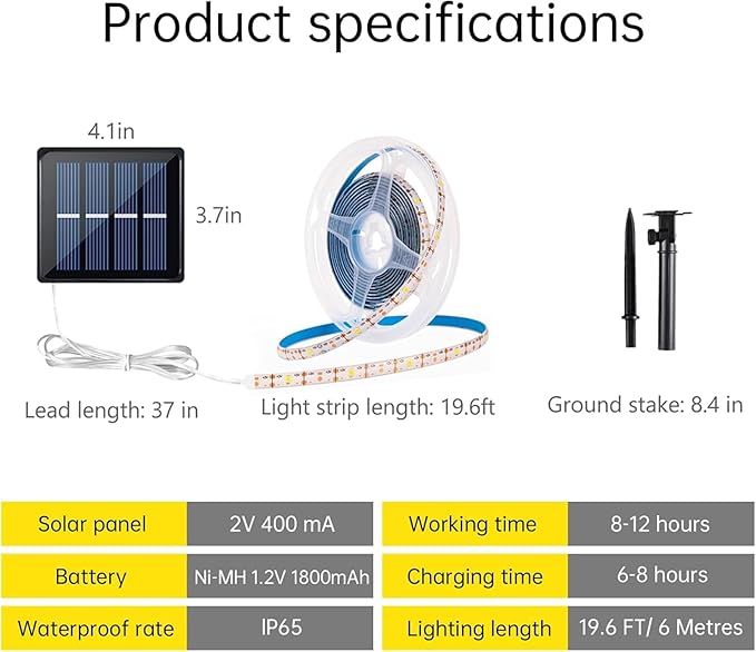 Solar LED Strip Lights Outdoor Waterproof 19.6FT 180 LED White Cuttable Solar Powered Tape Light for Halloween, Outside, Pool, Stair, Driveway, Canopy, Accent Lighting (Upgraded Version)