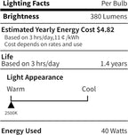 20-Pack E12 Candelabra Light Bulbs 40W Warm White 2500K, 380 Lumen Dimmable Chandeier Light Bulbs for Ceiling Fan, Pendants or Outdoor, B10 Clear Incandescent Candle Bulbs