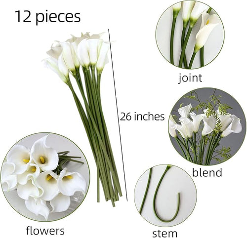 12 Piece 26" Calla Lily Artificial Flowers,Real Touch Long Stem Faux Calla Lillies for Tall Vases,Indoor Wedding Office Home Decor (White)
