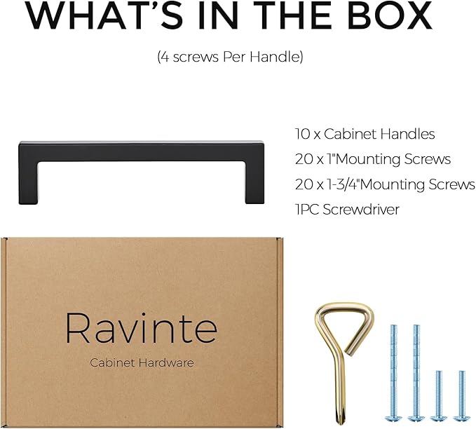 Ravinte 10 Pack Solid Kitchen Cabinet Handles Matte Balck Slim Cabinet Pulls Drawer Pulls with 4 Inch Hole Center Square Bar Kitchen Cabinet Hardware