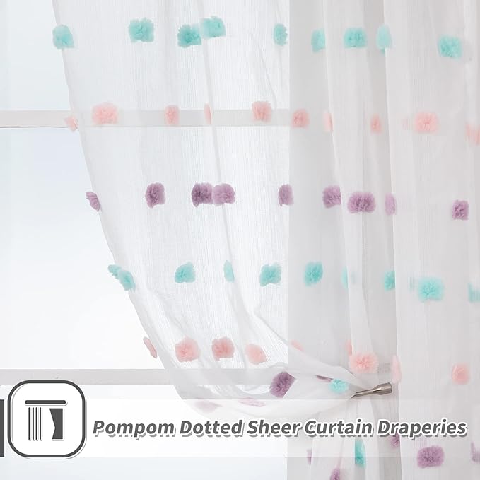 MYSKY HOME Pom Pom Sheer Curtains for Bedroom 72 Inch Length Long Rainbow Curtains for Dining Room Window Nursery Curtains Girls Kids Room 2 Pieces Rod Pocket Boho Farmhouse 52" x 72"