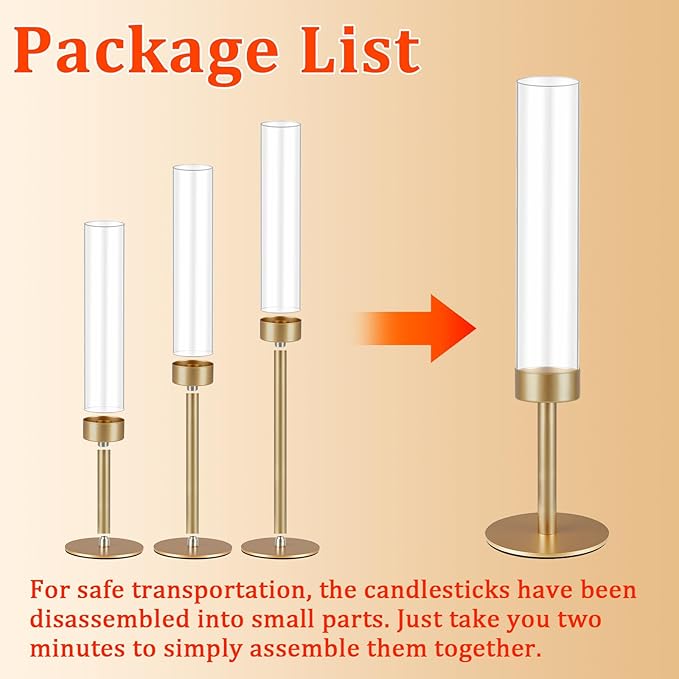 3Pcs Hurricane Glass Candle Holders Gold Candlestick Holders Taper Candle Holder with 9.8" Windproof Clear Cylinder Covers for Outdoor Indoor Tall Candle Stick Holder Decor for Wedding Party Fireplace