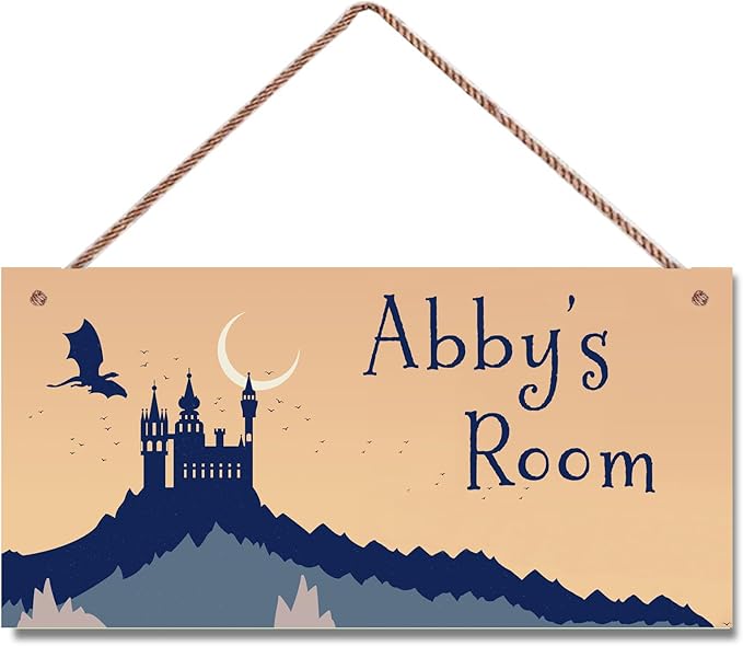 Personalized Castle and Flying Dragon Sign Wall Art Decor For Kids Room Custom Name Rerto Door Décor For Little Man Cave Girls Bedroom Home Kitchen Garden Yard