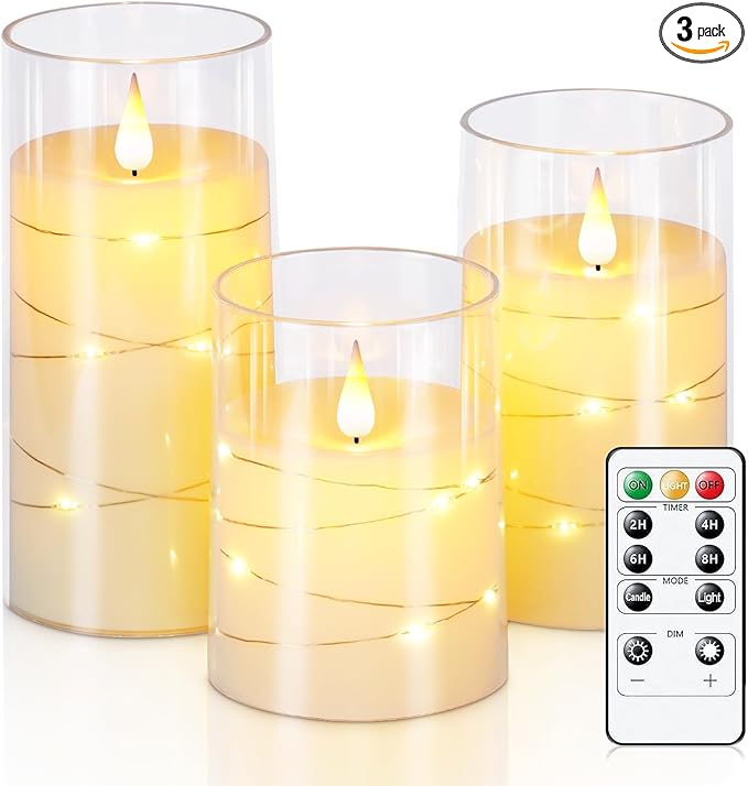 Homemory Flickering Flameless Candles with String Lights, Battery Operated Candles, Embedded String Lights LED Candles, Unbreakable Plexiglass Candle with Remote, Set of 3, Ivory White