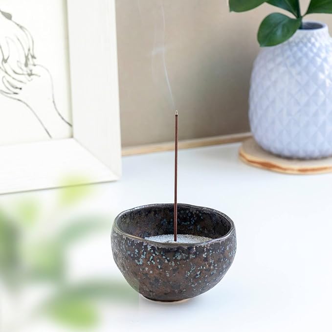 Asayu Japan Incense Burner Kit with Grey Incense Ash (50 g) and Incense Bowl, 100% Zen Made in Japan, Japanese Ceramic Incense Holder with Sand Set for Incense Sticks and Resin