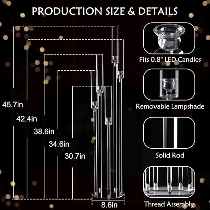 4pcs 5 Arm Acrylic Candelabra,Clear Candle Holder for Wedding,45.7inch Tall Floor Candle Holders for Ceremony Birthday Party Home Decoration Fit 0.8 LED Candles