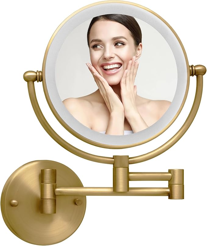 Antique Brass Rechargeable Wall Mounted Makeup Mirror Magnifying, 1X/10X Magnifying Mirror for Bathroom, 8 Inch 2 Sided 360 Swivel Extendable Arm Vanity Shaving Mirror for Bathroom