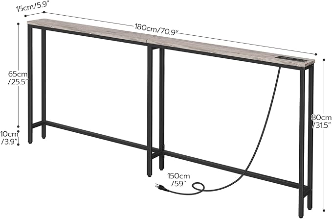 HOOBRO 70.9" Narrow Console Table with Charging Station, 5.9" Sofa Table with 2 Power Outlets and USB Ports, Long Entryway Tables Behind Couch Table, for Hallway, Living Room, Greige BG185UXG01