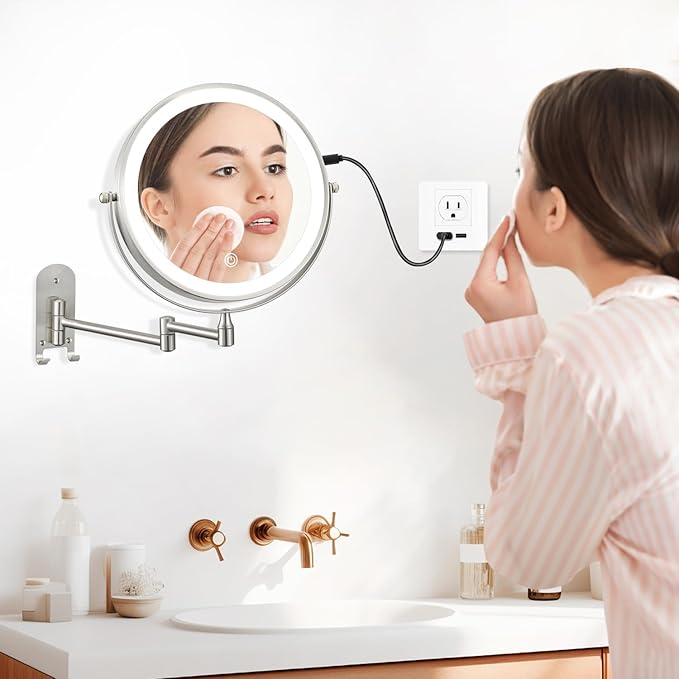 ALHAKIN 9" Wall Mounted Lighted Makeup Mirror, Rechargeable 1X/15X Magnifying Mirror with 3 Color Lights Dimmable, 360° Rotation, Nickel