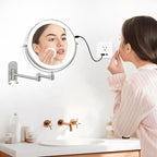 ALHAKIN 9" Wall Mounted Lighted Makeup Mirror, Rechargeable 1X/15X Magnifying Mirror with 3 Color Lights Dimmable, 360° Rotation, Nickel