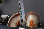 AMOYSTONE Agate Book Ends Shelves Decorative Geode Bookend Large Crystal Bookends Quartz Decor Nature Brown with Rubber Bumpers(1 Pair, 4-6 LBS)