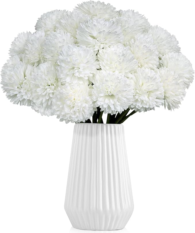36 Pcs White Artificial Flowers Faux Ball Chrysanthemum Bouquet Silk Flowers Bridal Wedding Bouquet for Home Garden Party Office Coffee House Decoration (White)