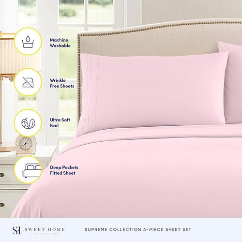 1800 Thread Count Sheet Set – Soft Egyptian Quality Brushed Microfiber Sheets – Luxury Bedding Set with Flat Sheet, Fitted Sheet, Pillow Cases, Queen, Pale Pink, Sheet Set