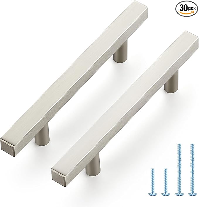 JOY DECOR 30 Pack 3-1/2 Inch Brushed Nickel Square Cabinet Handles Stainless Steel Cabinet Hardware Pulls for Kitchen and Drawers with 6 Inch Overall Length