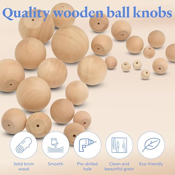 Wood Knobs, 1.5 Inch Round Natural Wood Drawer Pulls, Pack of 50 Unfinished Wooden Drawer Knobs, Ball Shaped Wood Cabinet Knobs, Nursery Dresser Knobs, Wood Door Knobs and Crafts