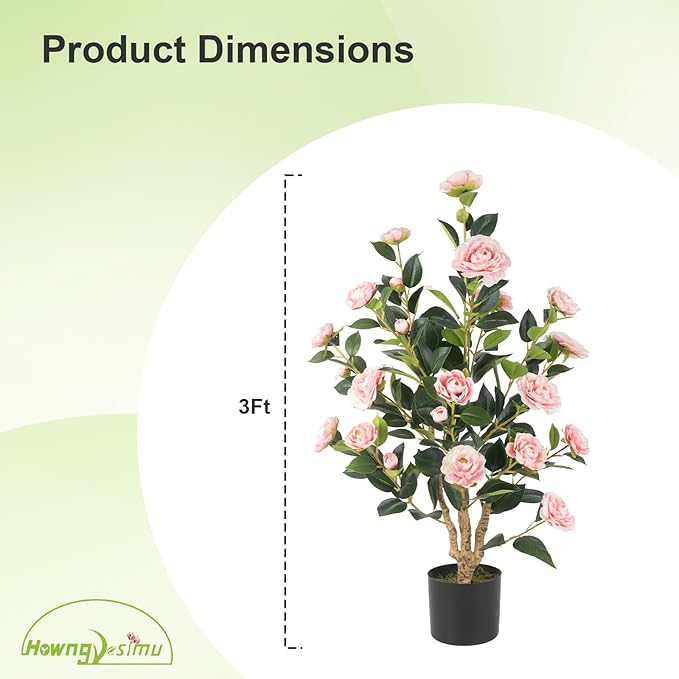 Artificial Camellia Tree 2 Pack, 36’’ Faux Camellia Plant in Pot with Pink Flowers, Greenery Potted Plant for Indoor Outdoor Office Home Porch Decor, Pink