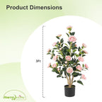Artificial Camellia Tree 2 Pack, 36’’ Faux Camellia Plant in Pot with Pink Flowers, Greenery Potted Plant for Indoor Outdoor Office Home Porch Decor, Pink