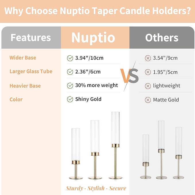 NUPTIO Hurricane Glass Candle Holders: Set of 6 Tall Gold Metal Candlestick Holder with Chimney Tube Brass Tiered Taper Candles Stands for Christmas Holiday Party Decoration 23.6 & 21.7 & 19.7 in