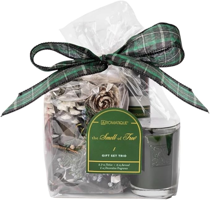 Aromatique Home Fragrance, Smell of Tree, Gift Set - Decorative Potpourri, Room Spray, and Candle - Perfect for Christmas Holidays, Weddings Showers, Gift Giving, Prewrapped.