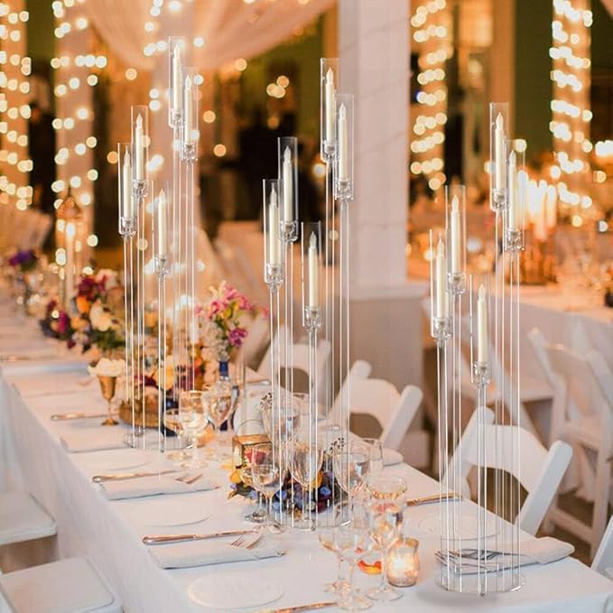 2pcs 5 Arm Floor Candelabra,Acrylic Floor Candle Holder for Wedding Centerpiece Tall Clear Candle Holders for Ceremony Birthday Party Home Decoration Fit 0.8 LED Candles
