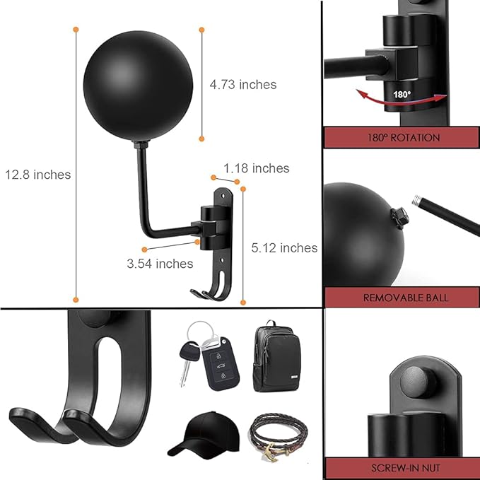 SANGMO 6 Pack 180° Motorcycle Helmet Holder Wall Mount, Rotation Metal Helmet Rack, Helmet Holder Bike with 2 Hooks Helmet Hanger for Motorcycle Bike Coats, Caps, Baseballs, Rugby Helmet (Black)