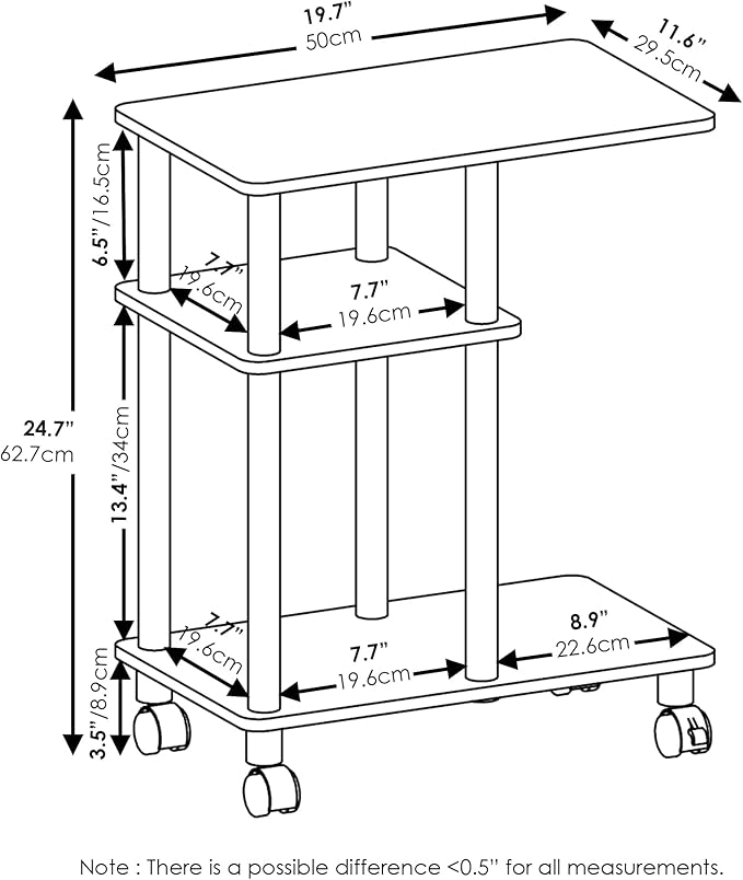 Furinno Turn-N-Tube C Shaped Side Table with Casters, Americano/Stainless Steel