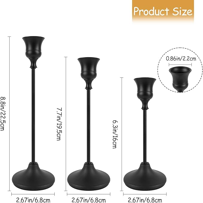 Black Candlestick Holders Set of 3, Metal Taper Candle Holders, Classic Decorative Candle Stick for Christmas, Wedding, Party, Dinner Tables,Home Décor