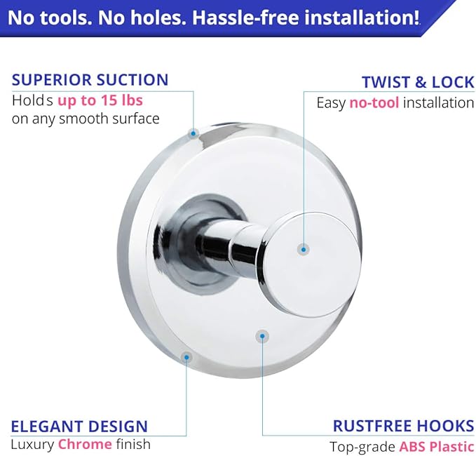 HOME SO Suction Cup Hooks for Shower, Bathroom, Kitchen, Glass Door, Mirror, Tile – Loofah, Towel, Coat, Bath Robe Hook Holder for Hanging up to 15 lbs – Waterproof & Rustproof, Chrome (2-Pack) …