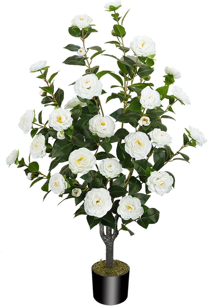 43.3"/3.6FT Artificial Camellia Tree Fake Outdoor Tree with 32 Blooming Flowers White Tree for Summer Home Front Door Indoor Decor (Including Dried Moss)