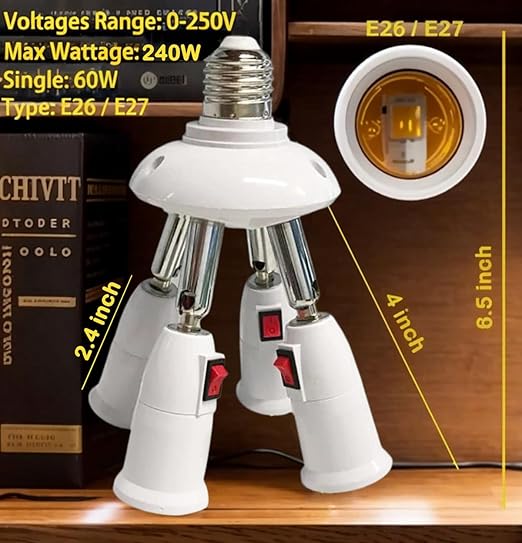 4-in-1 Light Socket Extender, E26/E27 to 4 Bulb Adapter with Adjustable Arms, 360° Rotatable for Ceiling Fan/Lamp Holder, UL Listed, Extension Splitter with Power Switch(White)