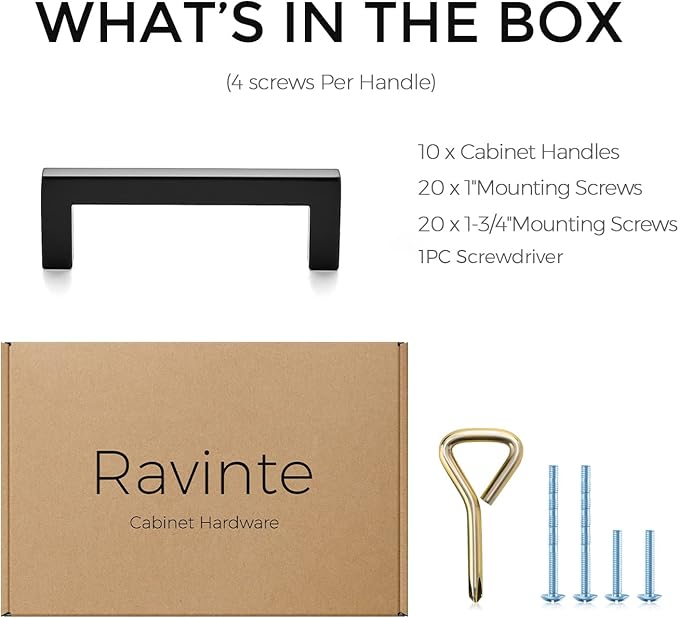 Ravinte 10 Pack Solid Kitchen Cabinet Handles Matte Black Cabinet Pulls Slim Drawer Pulls with 3 Inch Hole Center Square Bar Kitchen Cupboard Hardware