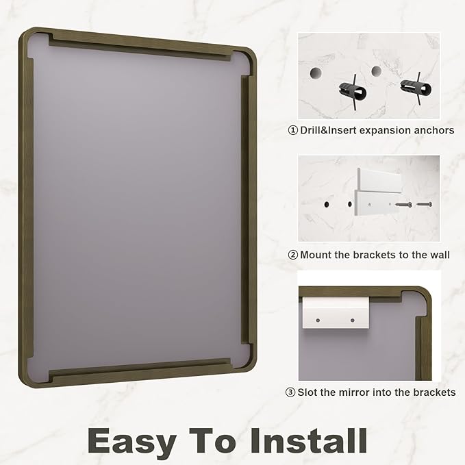 24x36 Inch Bronze Framed Bathroom Mirror, Rectangle Brushed Bronze Metal Vanity Mirror, Small Modern Wall Mirror, Rounded Corner, Tempered Glass, Anti-Rust, Shatterproof (Horizontal/Vertical)